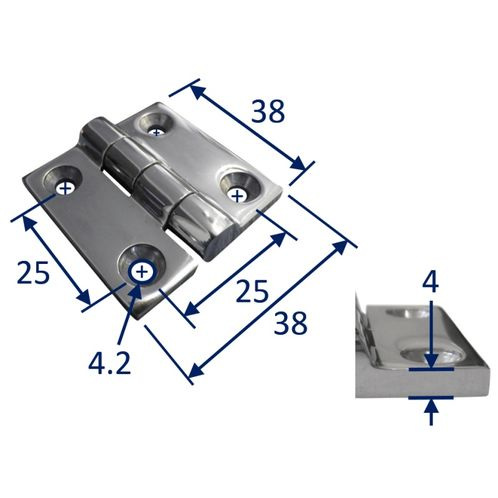 Stainless Steel A4 (316) Butt Hinge, Marine & Sailing, Door, Locker, Cabinet 38x38mm image #