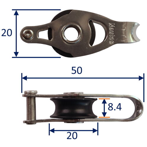 Single Fixed Pulley Block With 20mm Sheave, 316 Stainless Side Plates, Miniox image #1