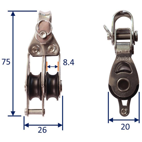 Double Fixed Pulley Block With Becket & 20mm Sheave, 316 Stainless Side Plates, Miniox image #1