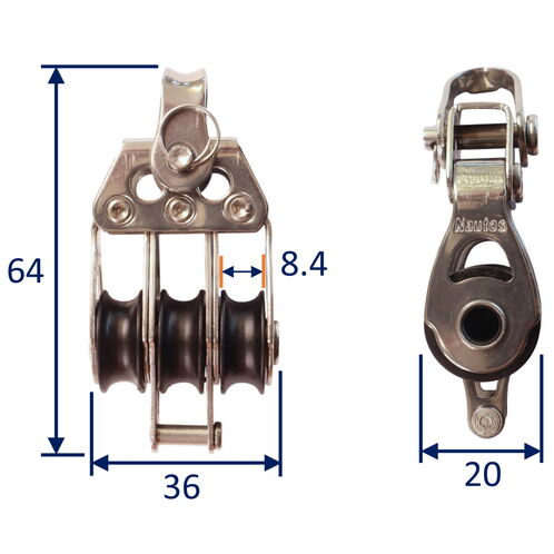 Triple Fixed Pulley Block With Becket & 20mm Sheave, 316 Stainless Side Plates, Miniox image #1