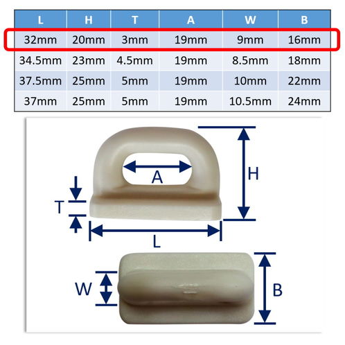 Nylon Flat Base Slider For Mainsail Attachment To Mast Track, Various Sizes Available image #2