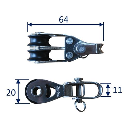 product image for Double Pulley Block With Delrin Roller Bearings, 20mm Sheave