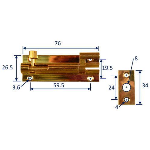 product image for Slide Barrel Bolt with Offset Neck in Brass, 75mm