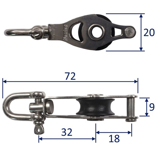 product image for Single Swivel Pulley Block With Becket & 20mm Sheave, 316 Stainless Side Plates, Miniox